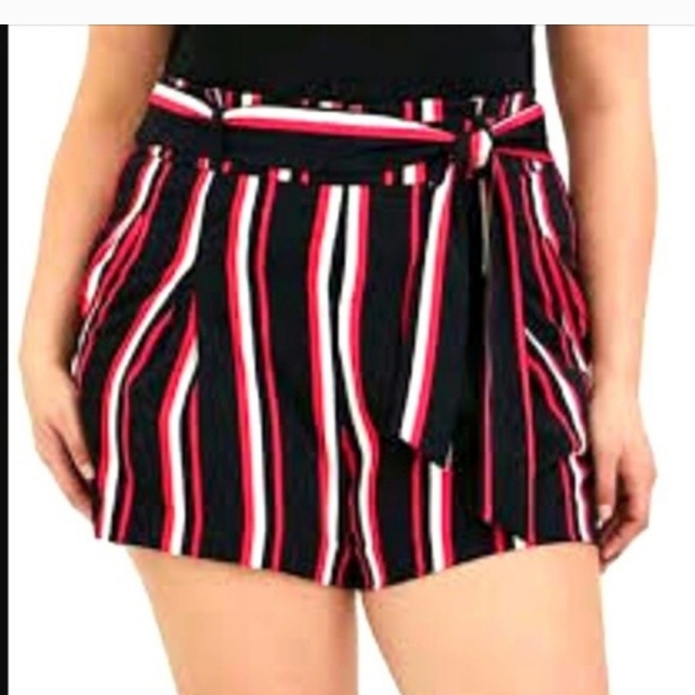 Torrid Shorts Plus Sz 16 Women Black Pink White Striped Pleated High Rise Belted